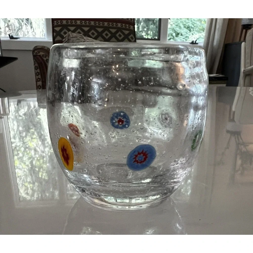 Crate & Barrel Millefiori Votive Candle Holder Blown Bubble Glass Zazz 2.5